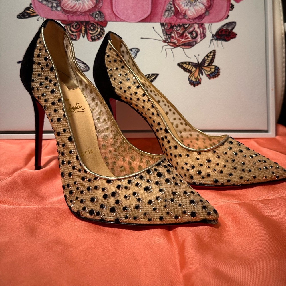 Christian Louboutin Gold and Black Mesh Heels